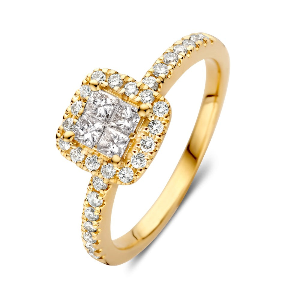 Ring aus Gelbgold mit Brillanten, 0,58 ct, quadratischer Kopf und umlaufenden Steinchen
