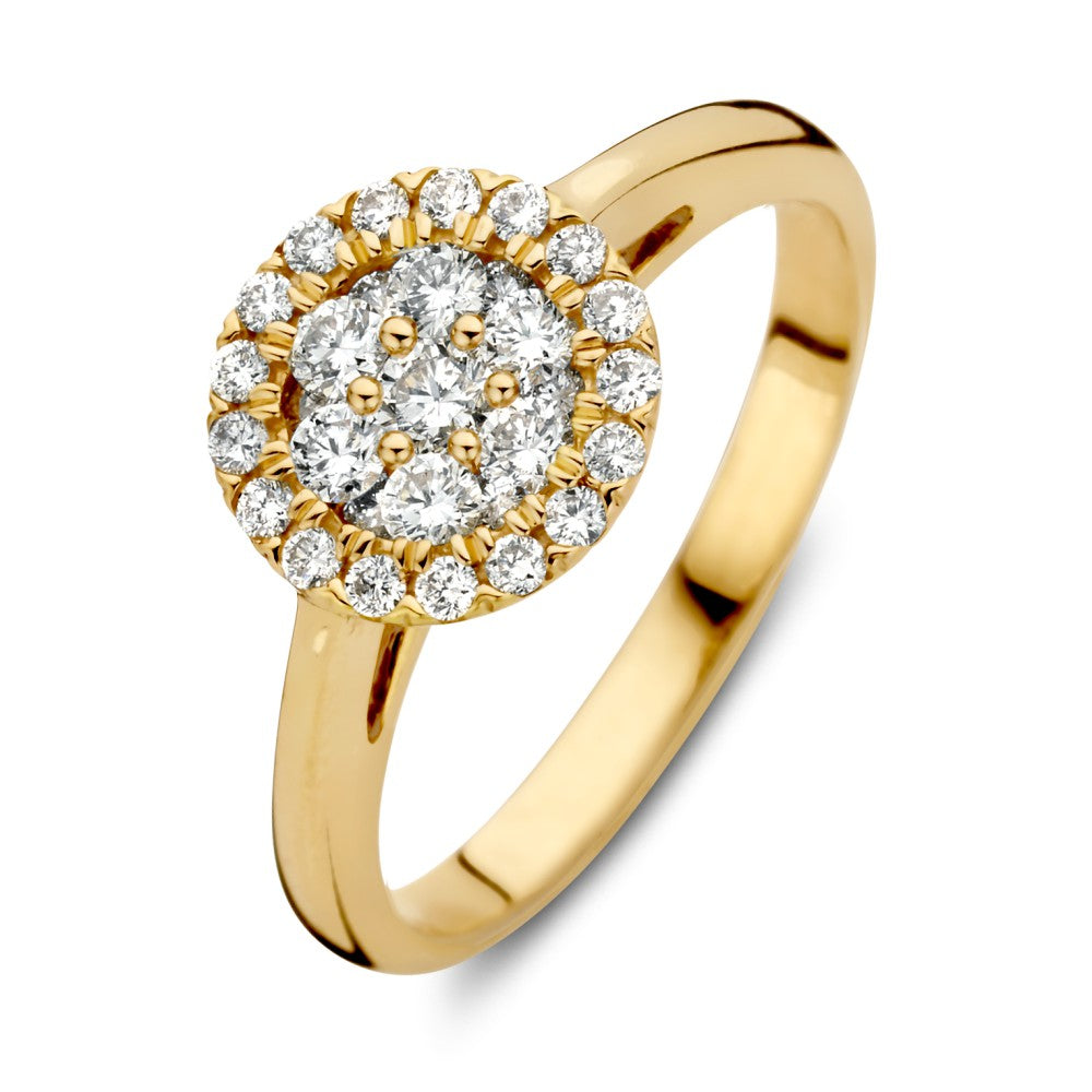 Gelbgoldene Entourage-Ring mit doppelter Halo und 0,60 Karat Diamanten