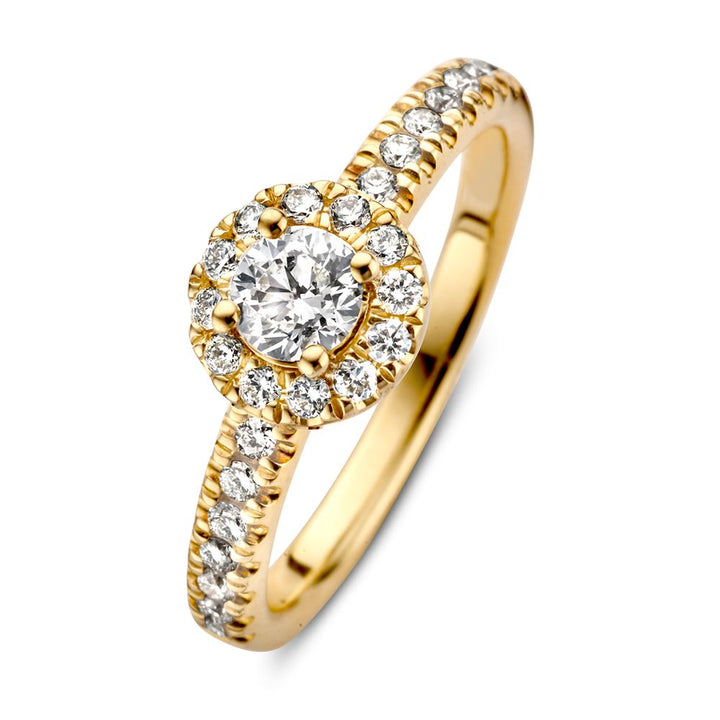 De Elegante Geelgouden Ring met Briljant Diamant (14 karaat, 0.62 crt.) van Excellent Jewelry heeft een centraal briljant geslepen diamant, omringd door een halo en extra diamanten op de band.