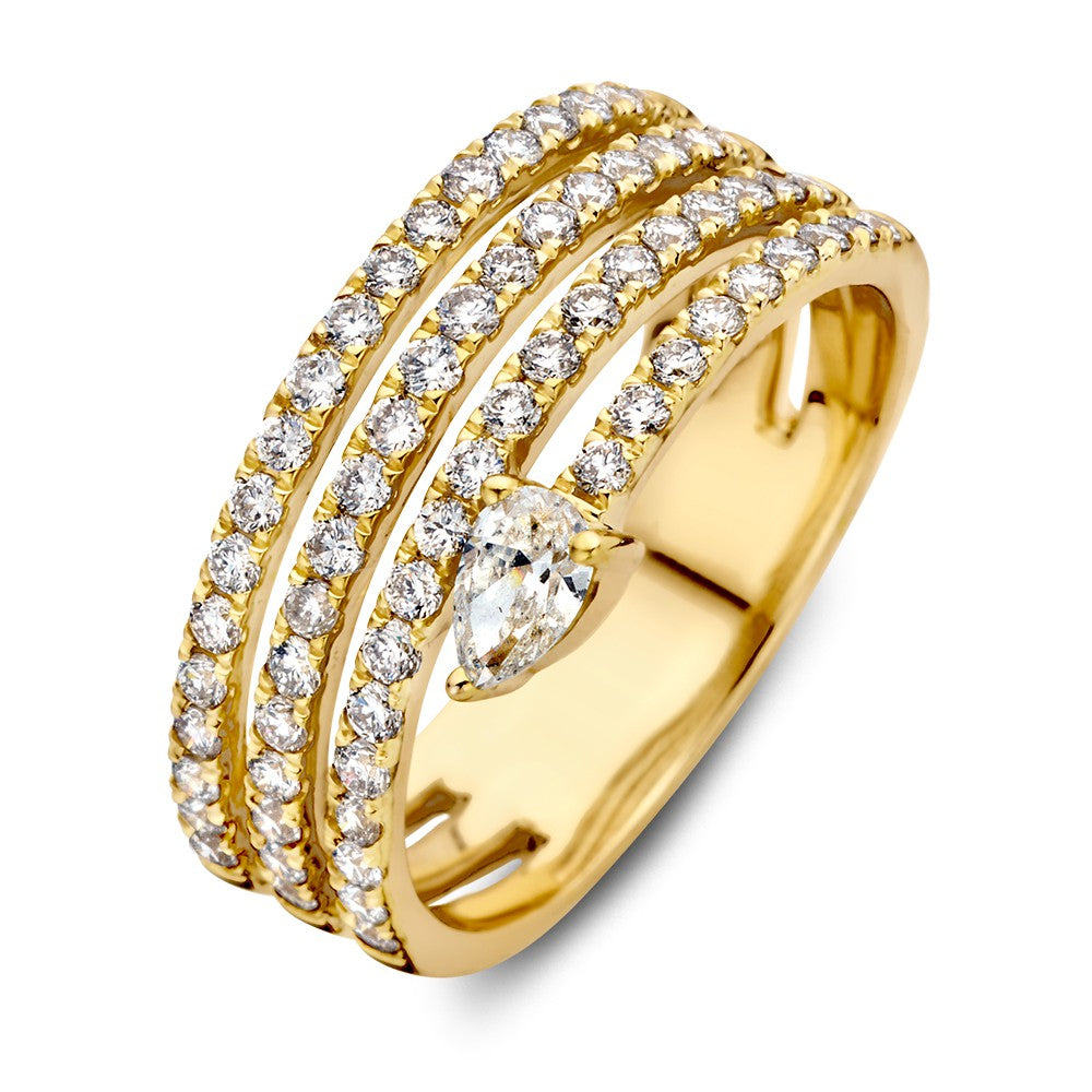 Ring aus Gelbgold mit einzigartigem Design und einem tropfenförmigen Diamanten von 0,98 ct, besetzt mit kleinen Diamanten