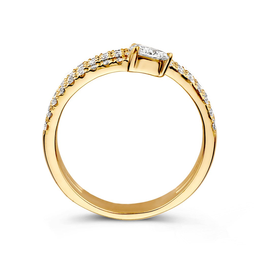 Atemberaubender Gelbgold-Diamantring mit einzigartigem Design und birnenförmigem Diamant 0,98 Karat.
