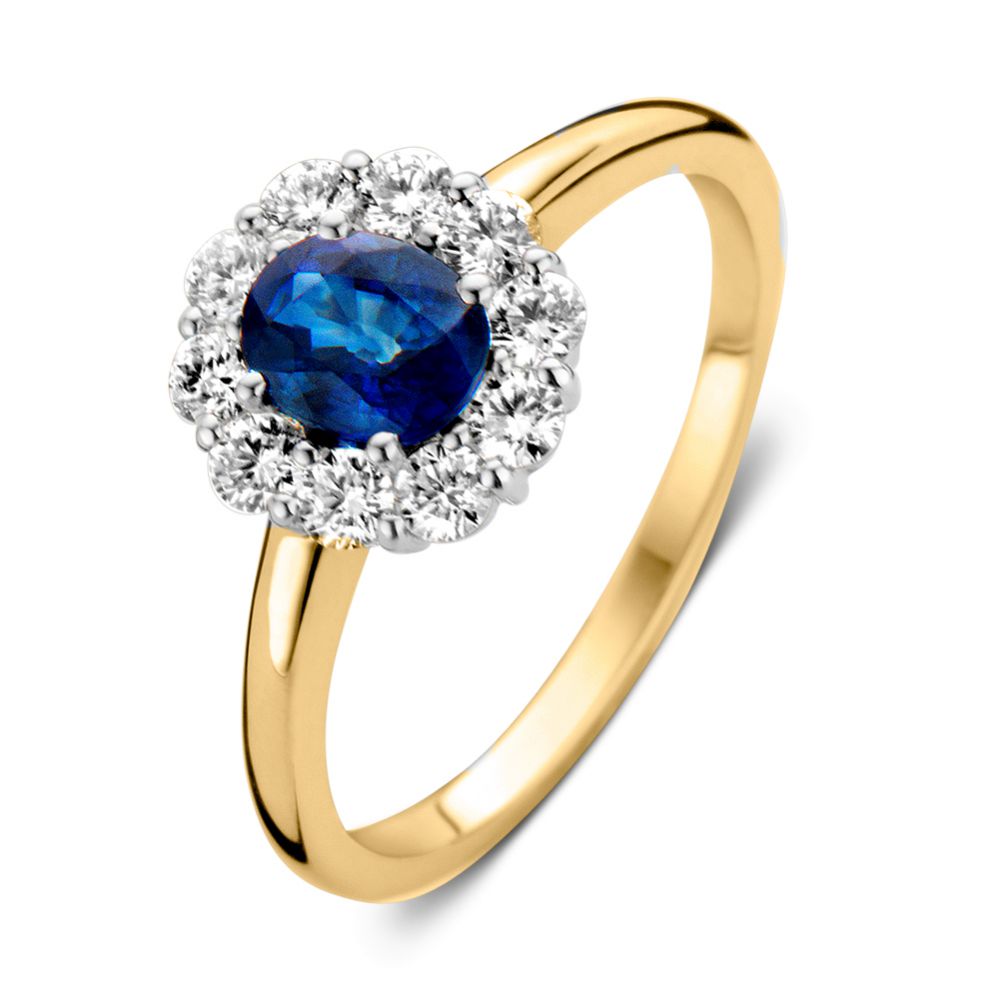 Eleganter Ring aus Gelbgold mit blauem Saphir und Brillanten im Pavé-Setting