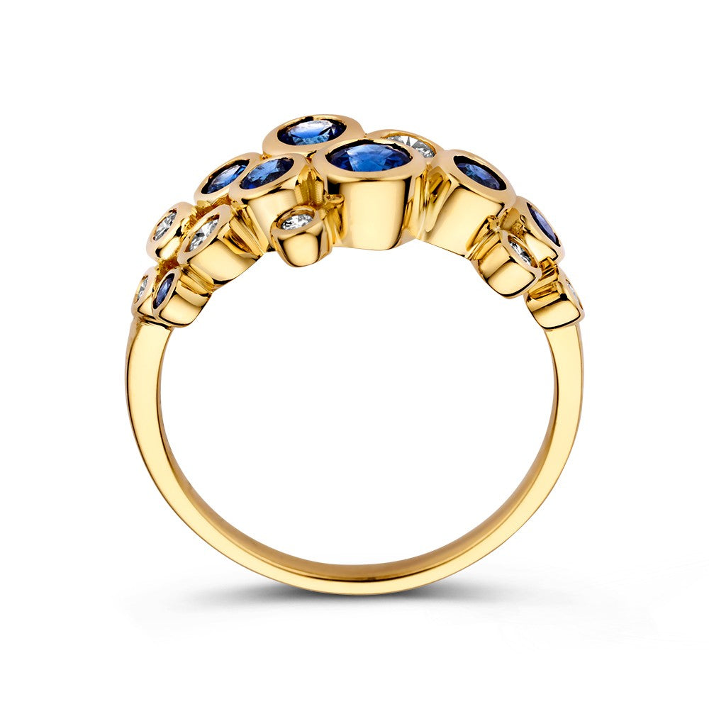 Eleganter 14K Goldring mit 1,10 ct Saphiren und 0,29 ct Diamanten, Kollektion „Bubbles“, Gelbgold