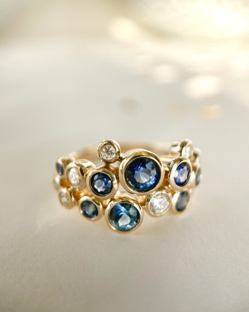 Eleganter 14K Goldring mit 1,10 ct Saphiren und 0,29 ct Diamanten, Kollektion „Bubbles“, Gelbgold
