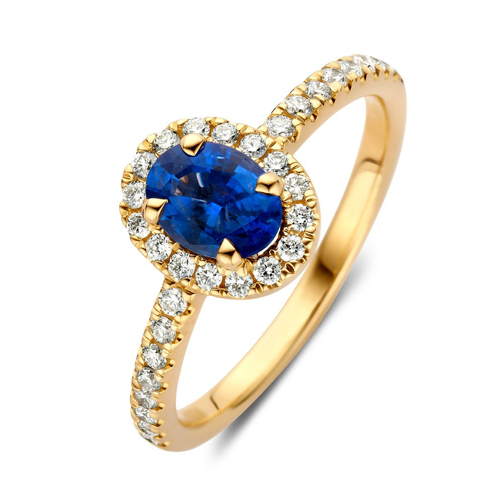Ring aus Gelbgold mit ovalem Saphir und Brillanten auf der Ringschiene