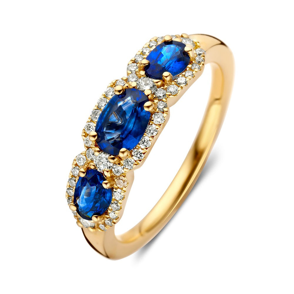 Ring aus Gelbgold mit drei blauen Saphiren und Brillanten