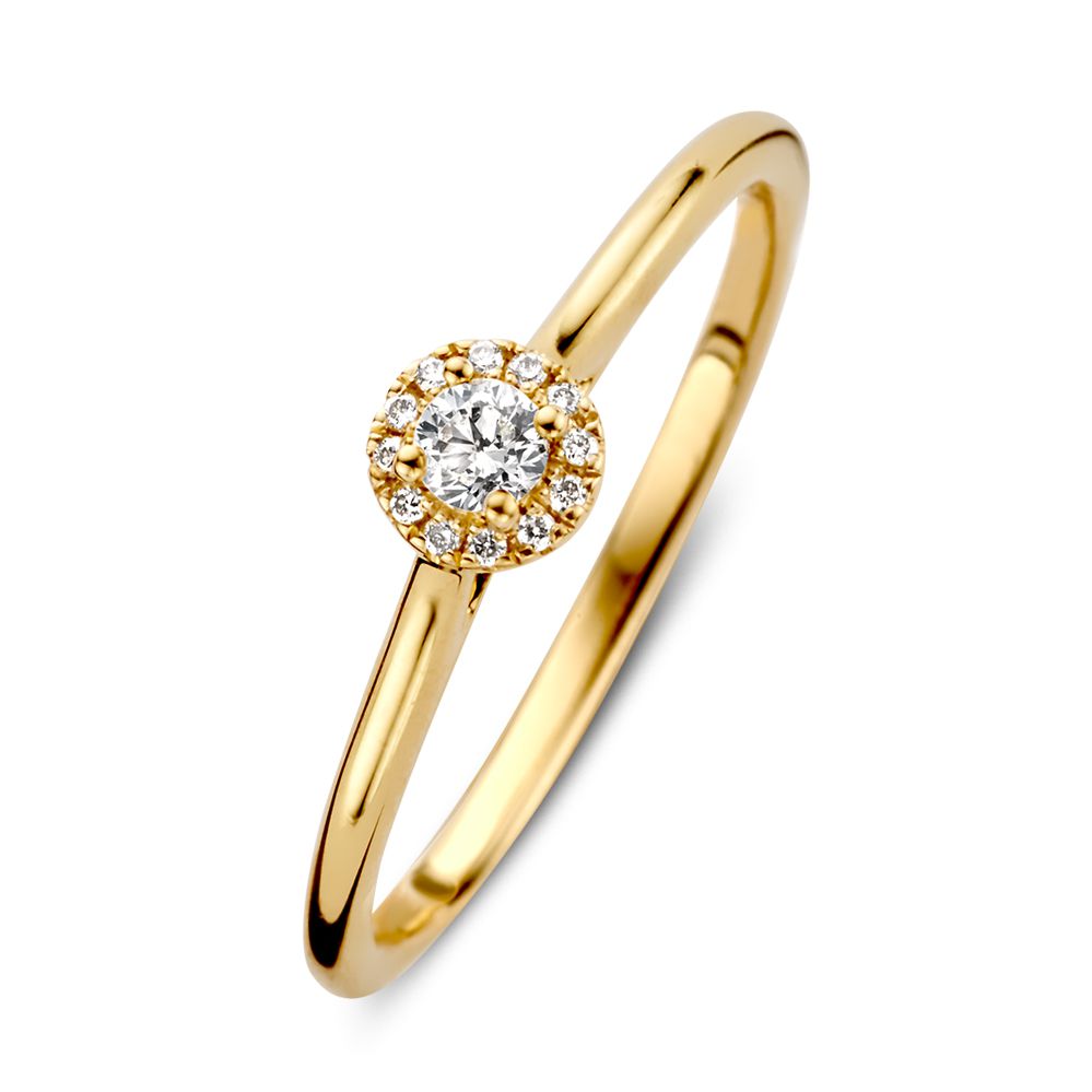Ring aus 14 Karat Gelbgold mit einem zentralen Brillanten und umgebenden kleinen Diamanten