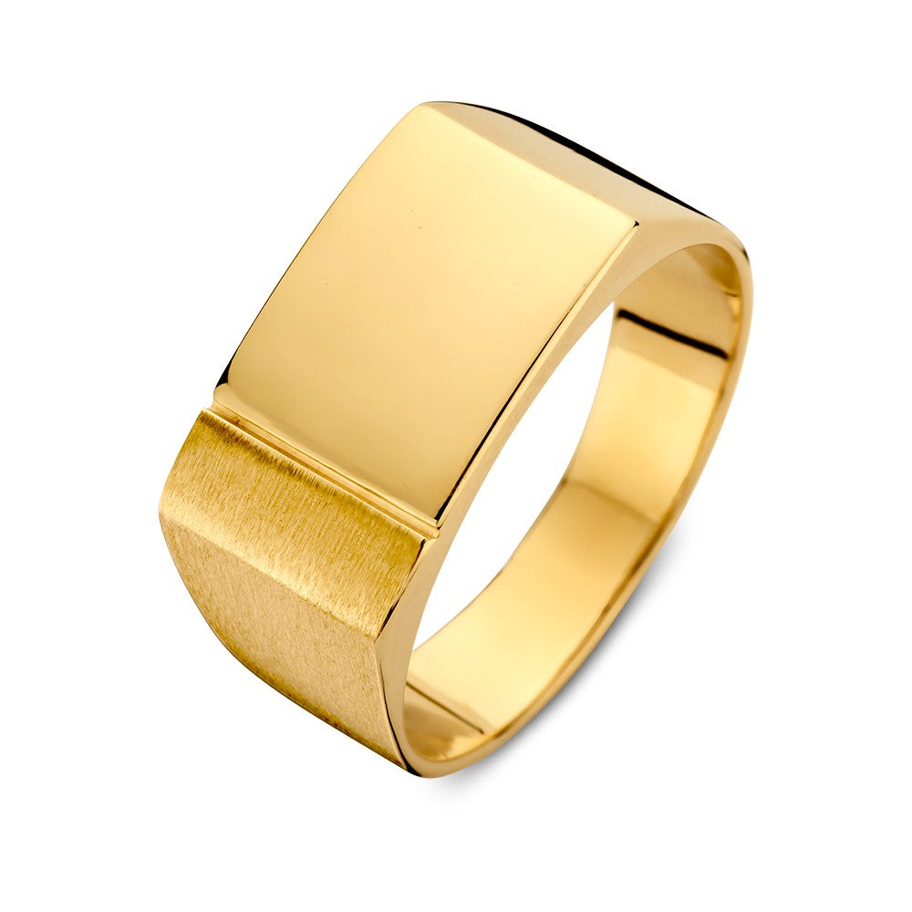 Ring aus gelbgold mit mattierter und polierter Oberfläche, breiter, rechteckiger Form