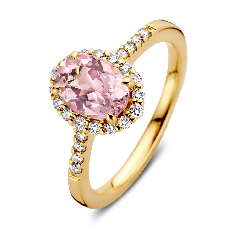 Eleganter gelbgoldener Ring mit rosa Morganit und brillanten Diamanten um den Stein