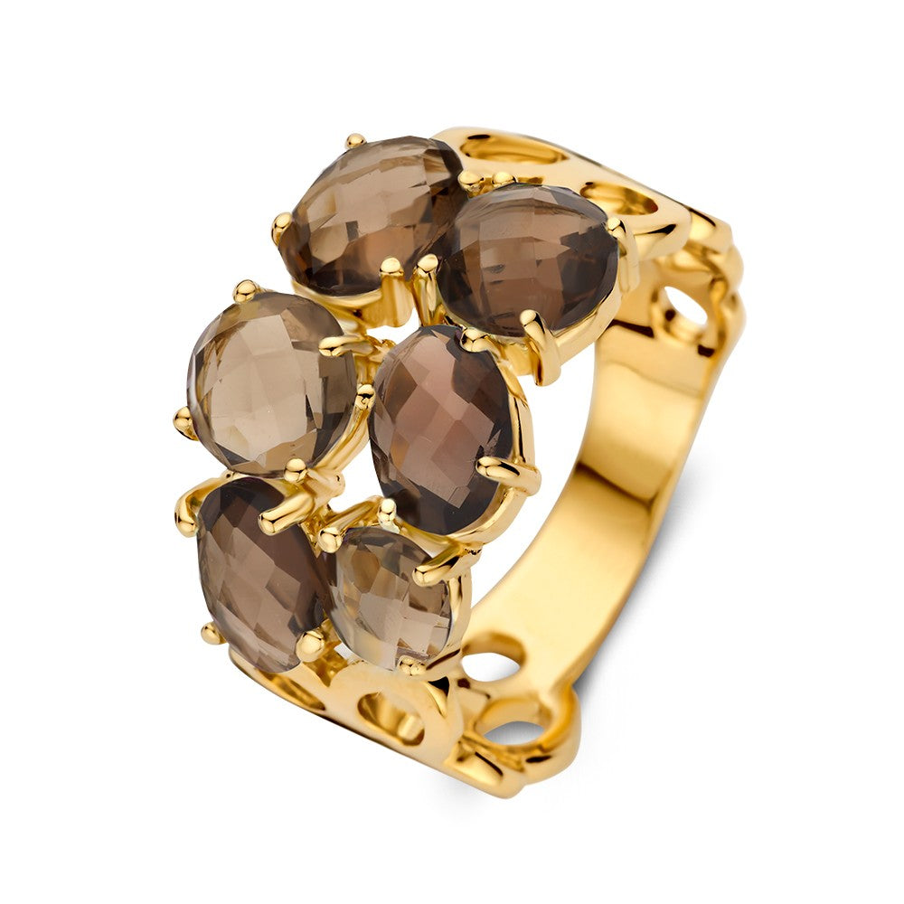 Breite gelbgoldene Ring mit fünf ovalen Smoky Quarzsteinen in einer organischen Form