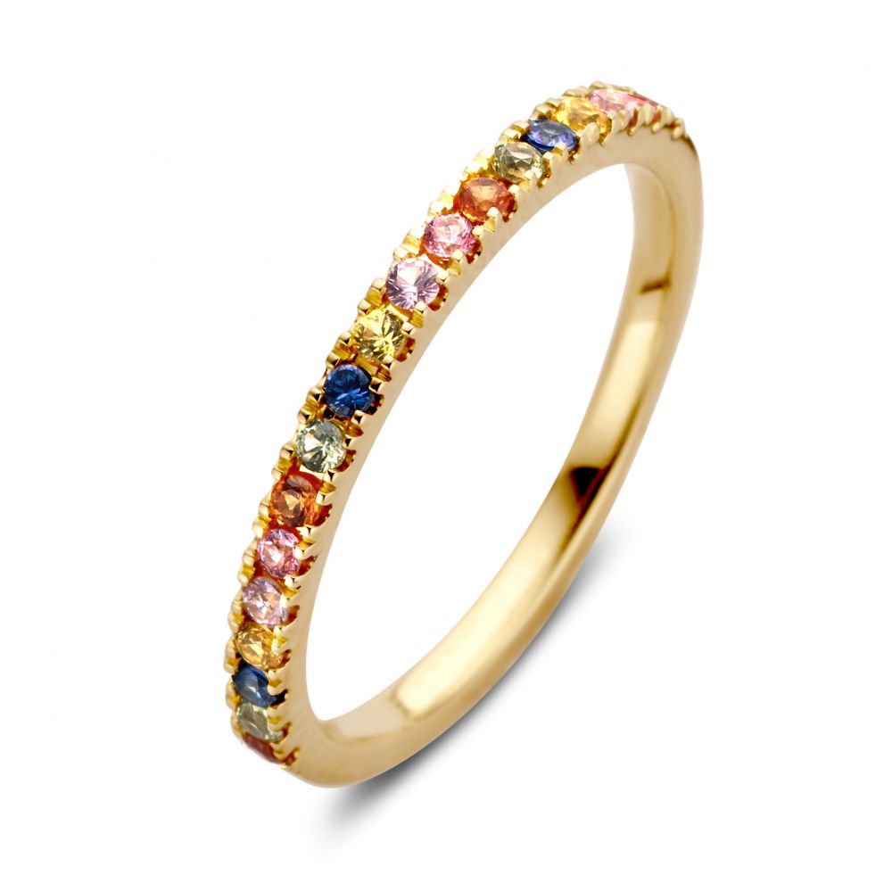 Gelbgoldener Ring mit bunten Regenbogen-Saphiren in verschiedenen Farben