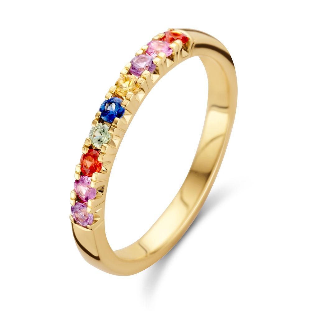 Ring aus Gelbgold mit bunten Saphiren in straffer Chatonfassung