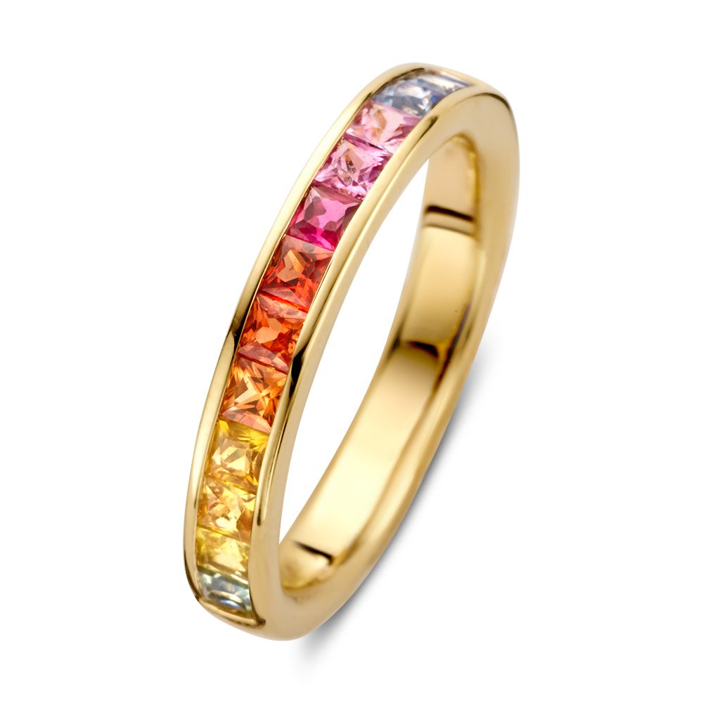 Ring aus Gold mit bunten, princess geschliffenen Saphiren in verschiedenen Farben