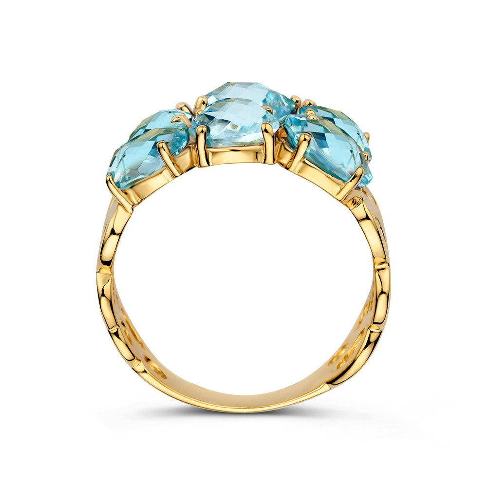 Gelbgoldring mit blauen Topasen und organischer Fassung – Breiter Goldring für Damen