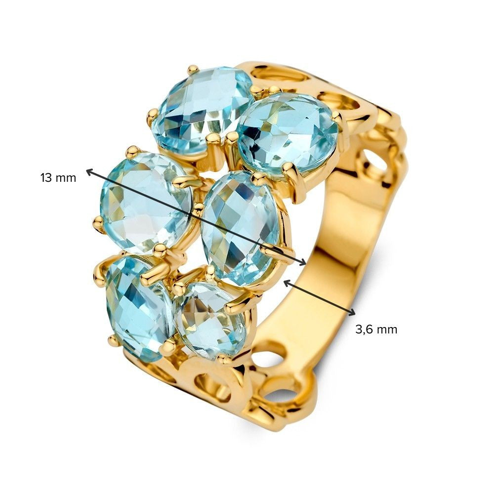 Gelbgoldring mit blauen Topasen und organischer Fassung – Breiter Goldring für Damen
