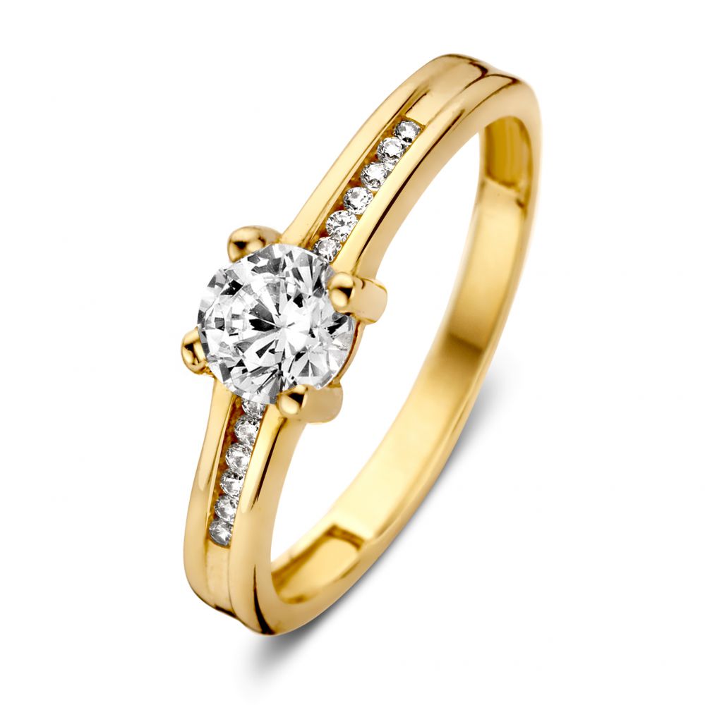 Verfeinerter Damenring aus 14-karätigem Gelbgold mit rundem Zirkonia und kleinen Zirkonia-Steinen