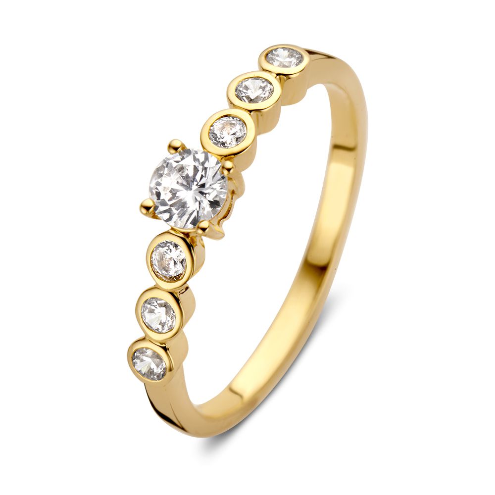 Eleganter Ring aus 14-karätigem Gelbgold mit Zirkonia, zentrale Steine und subtile Glanzdetails