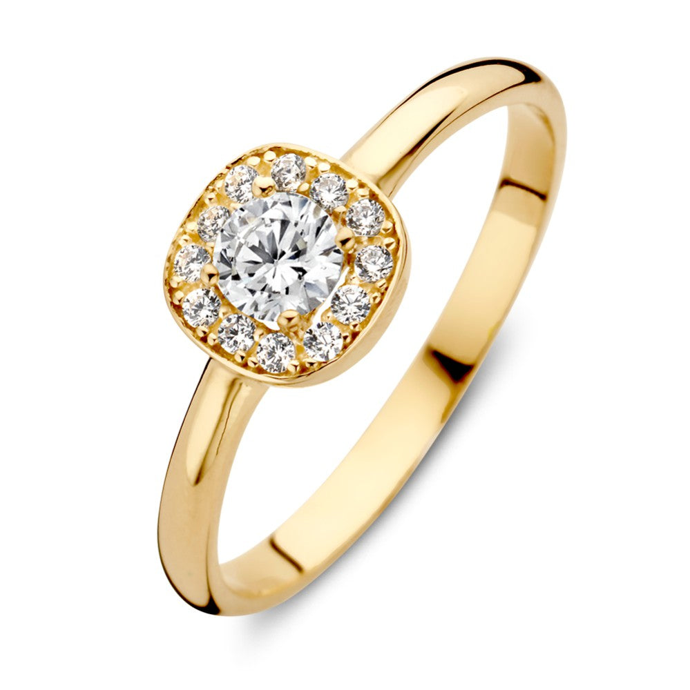Ring aus 14-karätigem Gelbgold mit runder Zirkonia in quadratischer Fassung und Halo