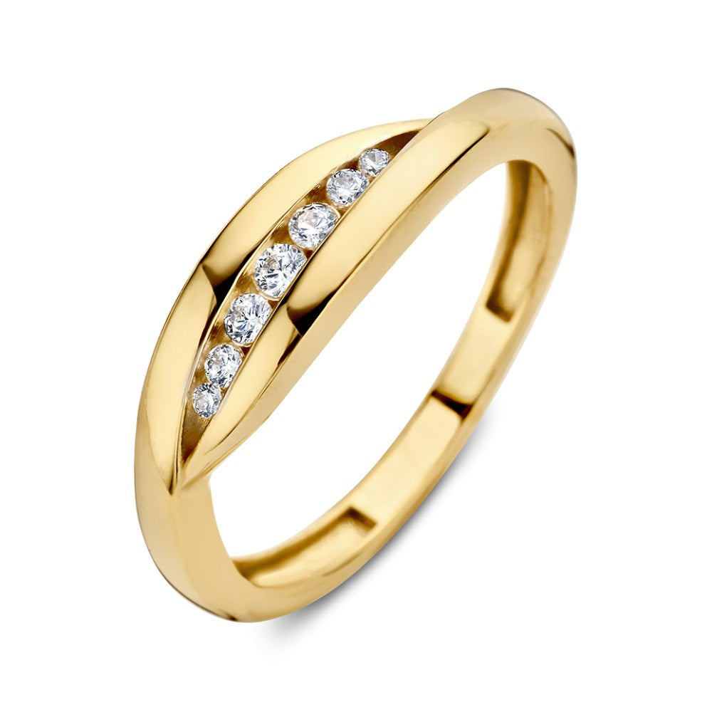 Gelbgoldene Slagring mit Zirkonia, geschwungene Form und fünf funkelnden Steinen in der Mitte