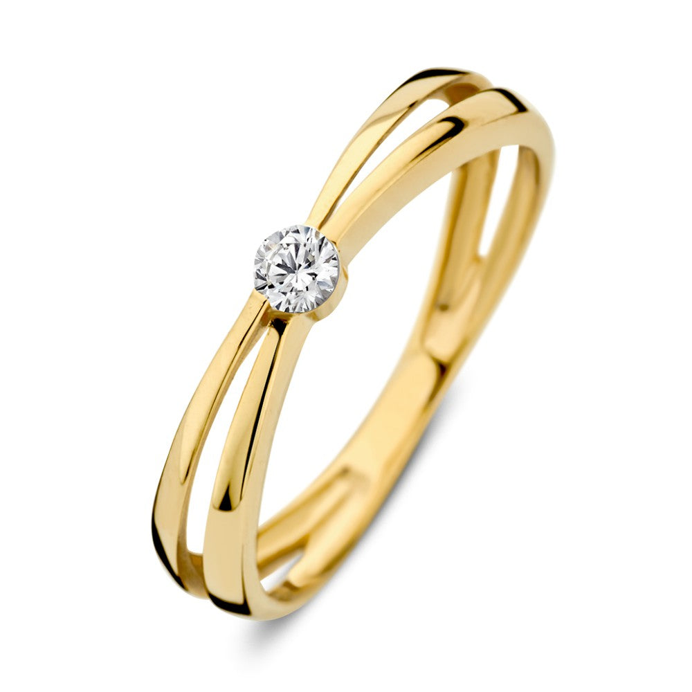 Ring aus 14K Gelbgold mit Zirkonia, schlichte Form und zwei geschwungenen Bändern