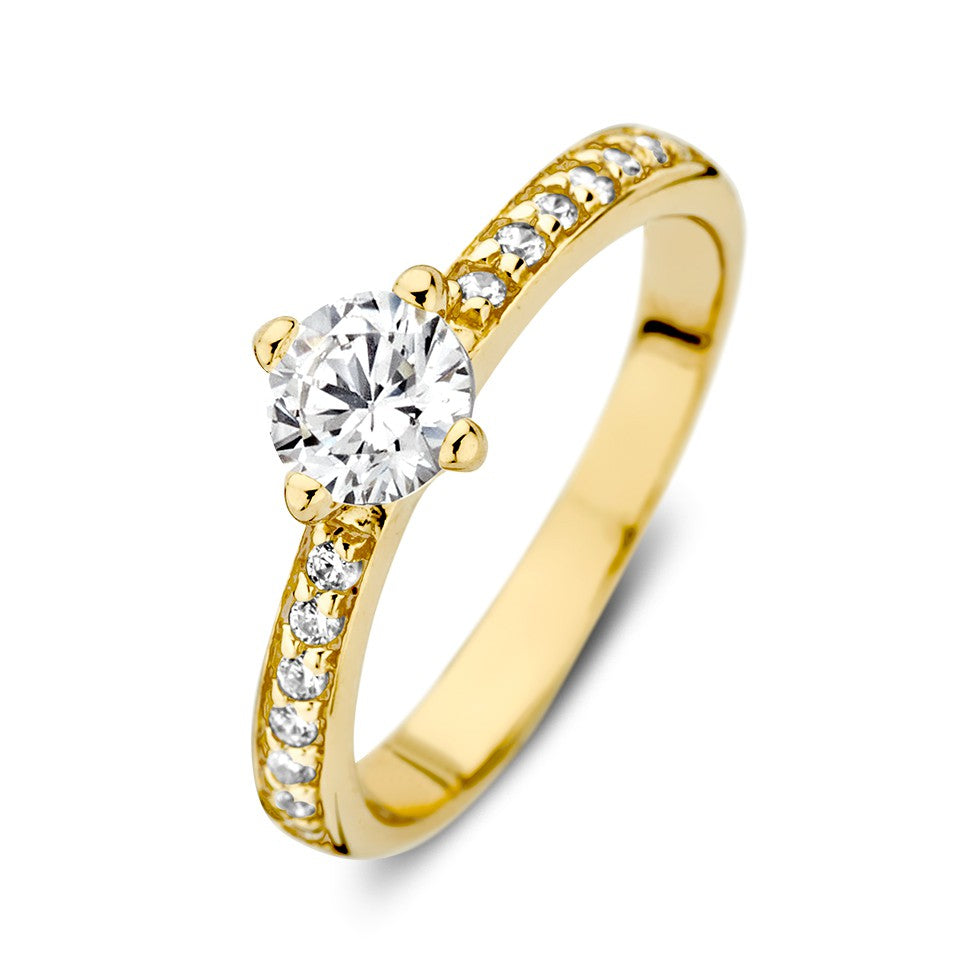 Gelbgoldene Solitär-Ring mit Zirkonia, runder Stein in der Mitte und Zirkonia am Ringband