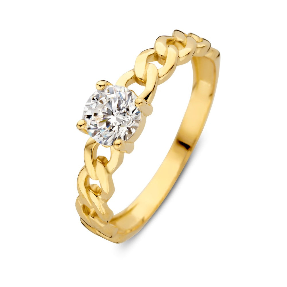 Goldener Solitärring mit Gourmet-Schalenelement und Zirkonia, glänzende Oberfläche und modernes Design