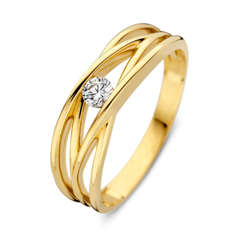 Eleganter gelbgoldener Ring mit gekreuzten Bändern und feiner Zirkonia in der Mitte