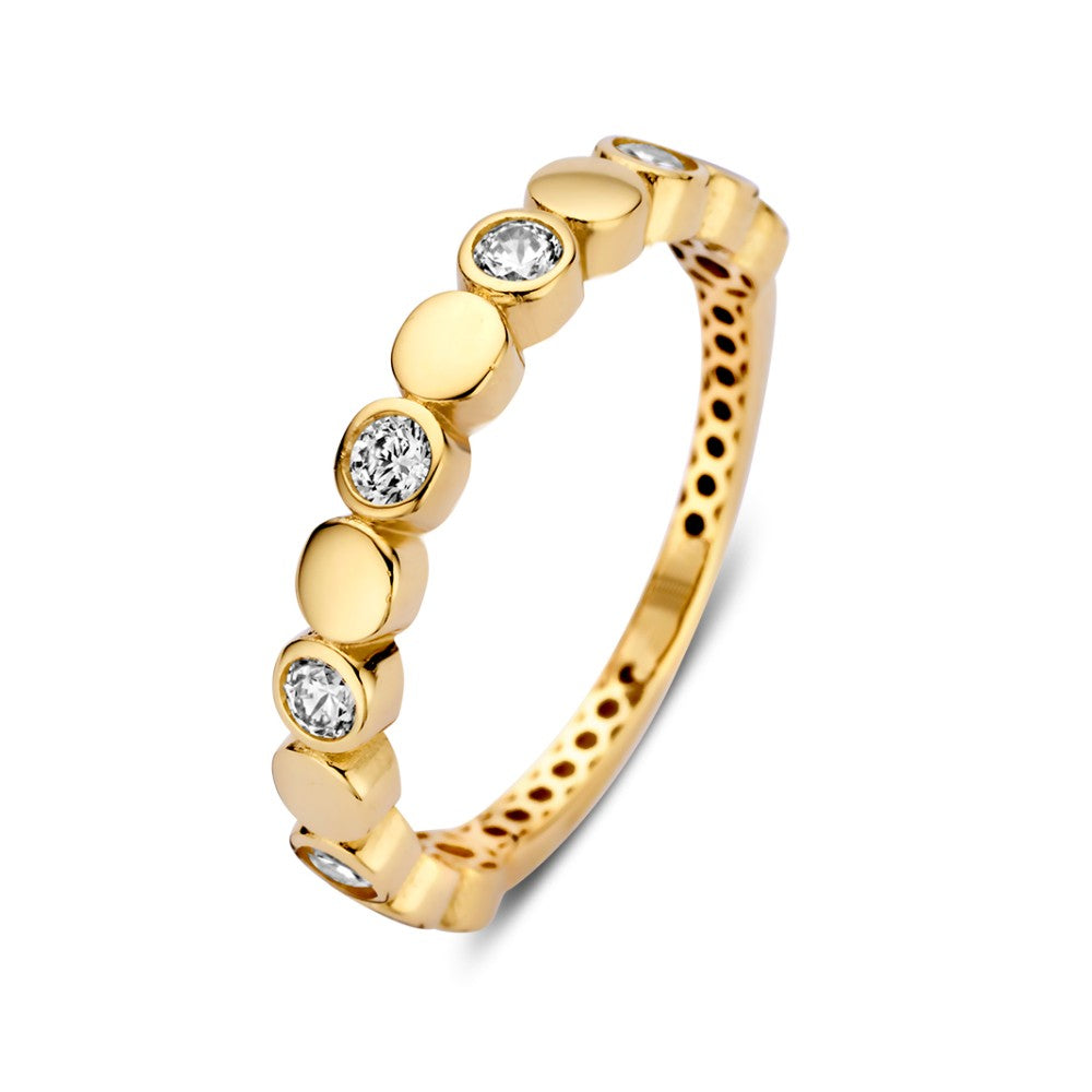 Gelbgoldene Ring mit funkelnden Zirkonia und runden Elementen