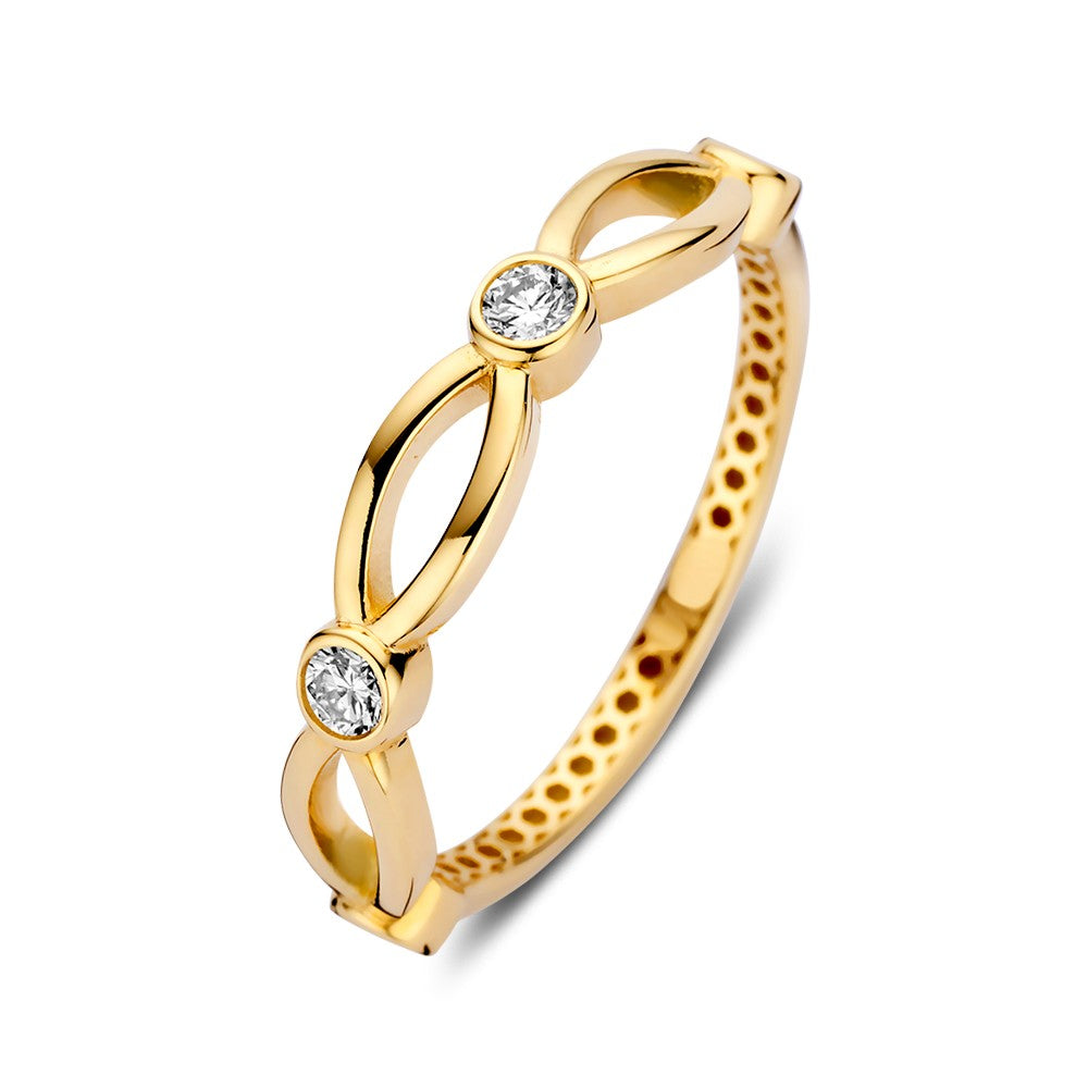 Gelbgoldener Ring mit Zirkonia in verspieltem Design und zwei funkelnden Steinen