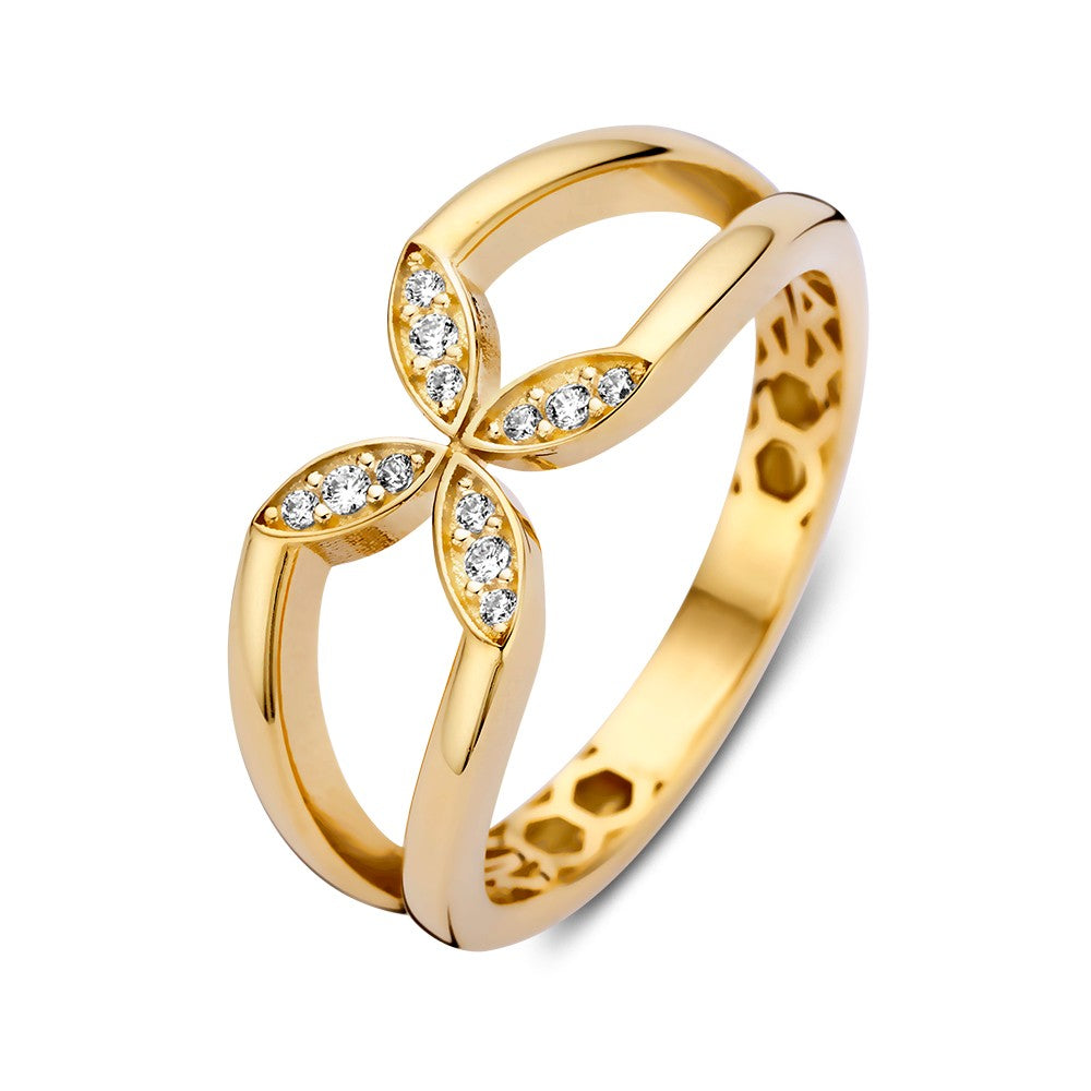 Gelbgoldener Ring mit Blumenmotiv und Zirkonia, geschwungene Form und funkelnde Details