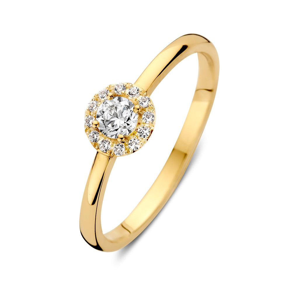 Eleganter Ring aus 14-karätigem Gelbgold mit Zirkonia und rundem, funkelndem Hauptstein