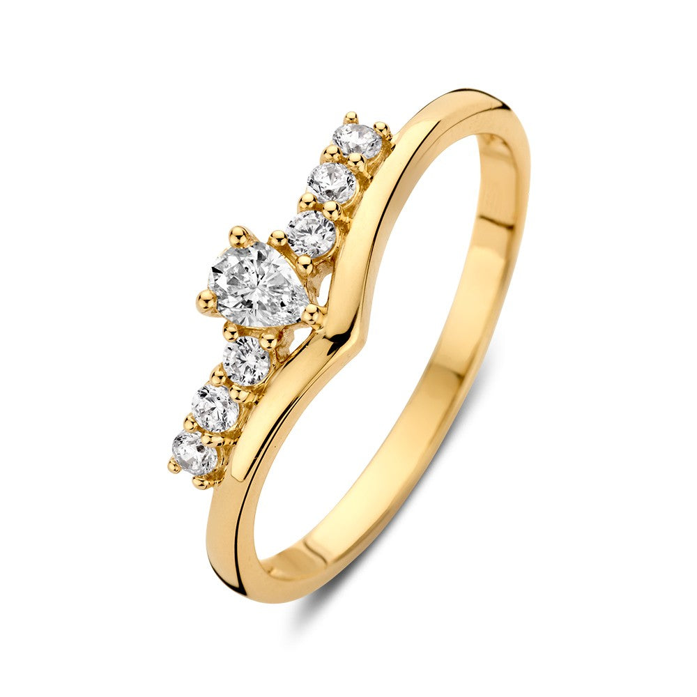 Ring aus Gelbgold in V-Form mit Zirkonia, mittig ein tropfenförmiger Stein und seitlich sechs kleine Steine