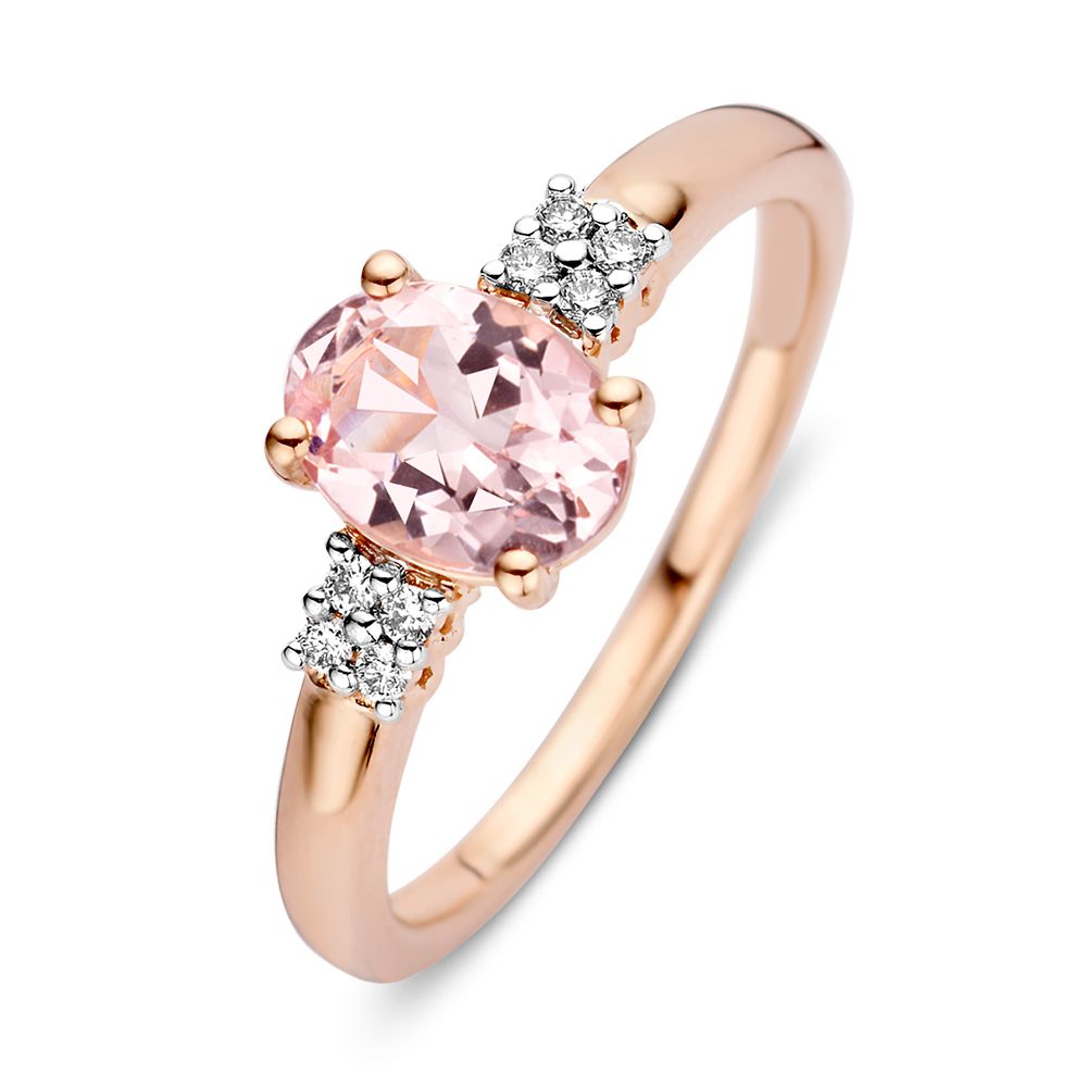Ring aus 14 Karat Roségold mit ovalem Morganit und zwei Brillanten an den Seiten