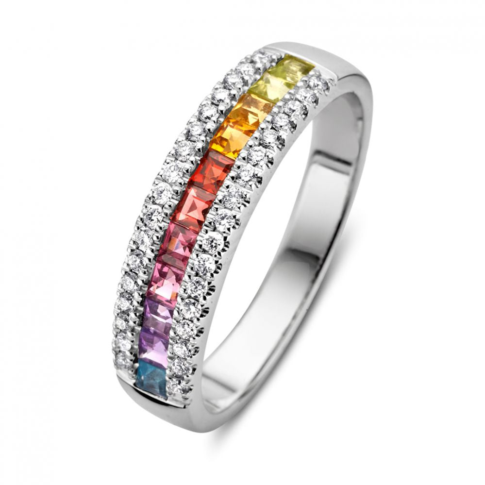 Ring aus 14 Karat Weißgold mit Regenbogen-Edelsteinen und 0,23 Karat Brillant-Diamanten