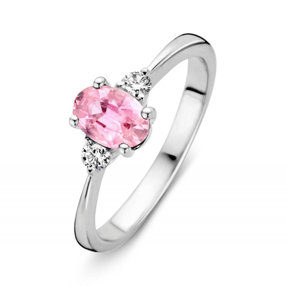 Damenring aus Weißgold mit ovalem rosa Saphir und zwei Brillanten an den Seiten