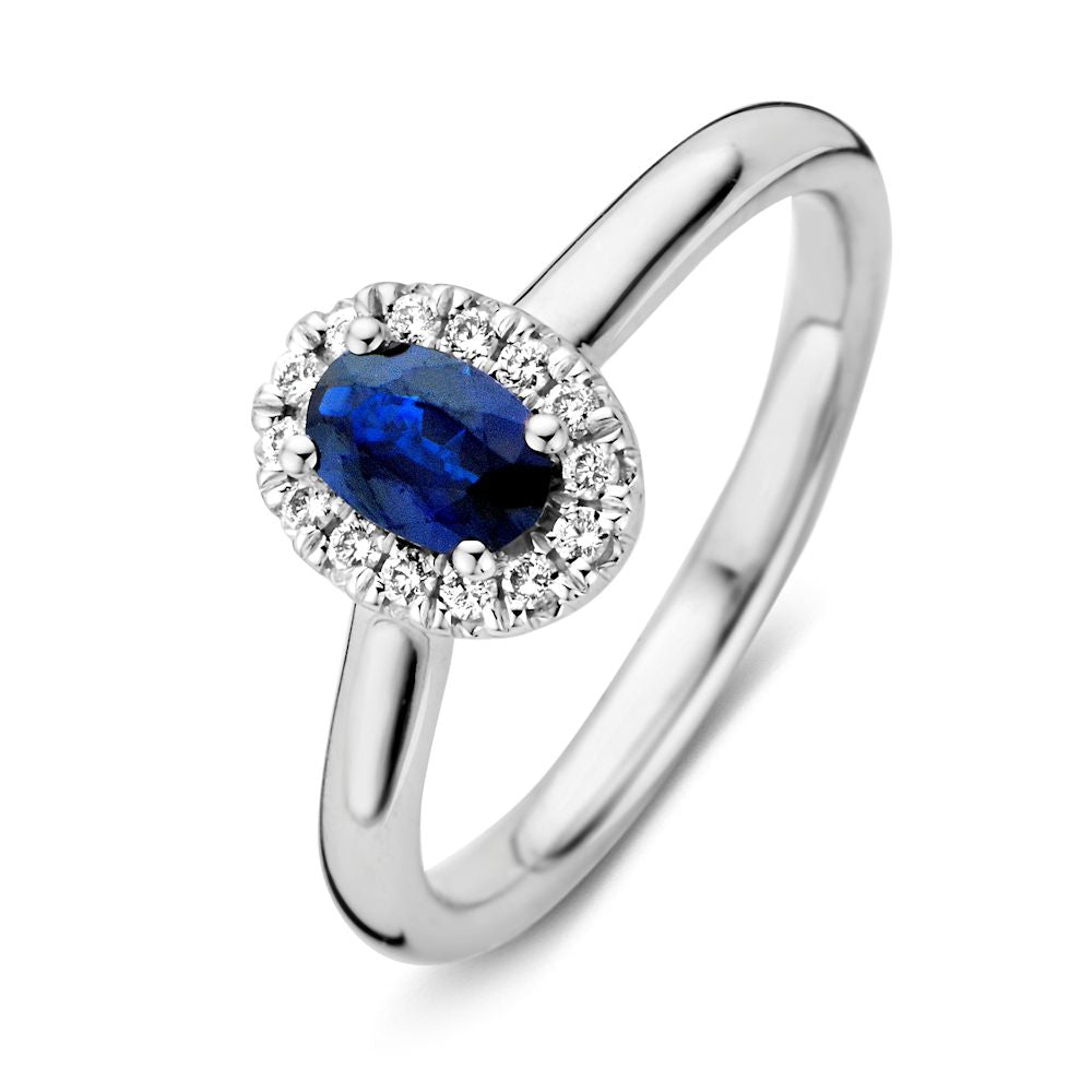 Damenring aus Weißgold mit blauem Saphir und Diamanten, ovaler Stein, schlichte Fassung