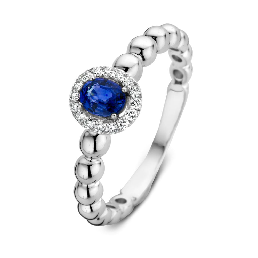 Ringe aus 14 Karat Weißgold mit blauem Saphir und 0,14 Karat Diamanten, rundes Design mit Perlenstruktur