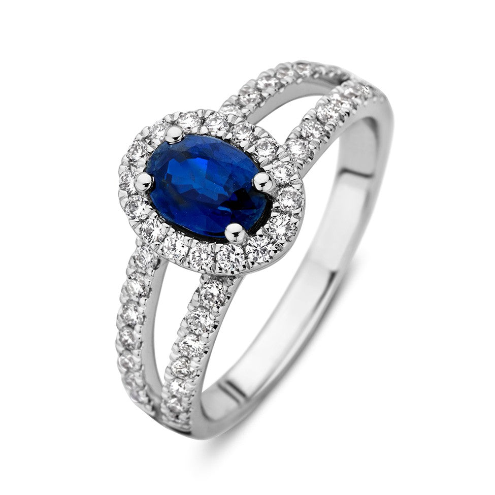 Ring aus Weißgold mit ovalem blauen Saphir und Diamanten, 14 Karat, 1,02 ct Saphir, 0,50 ct Diamanten