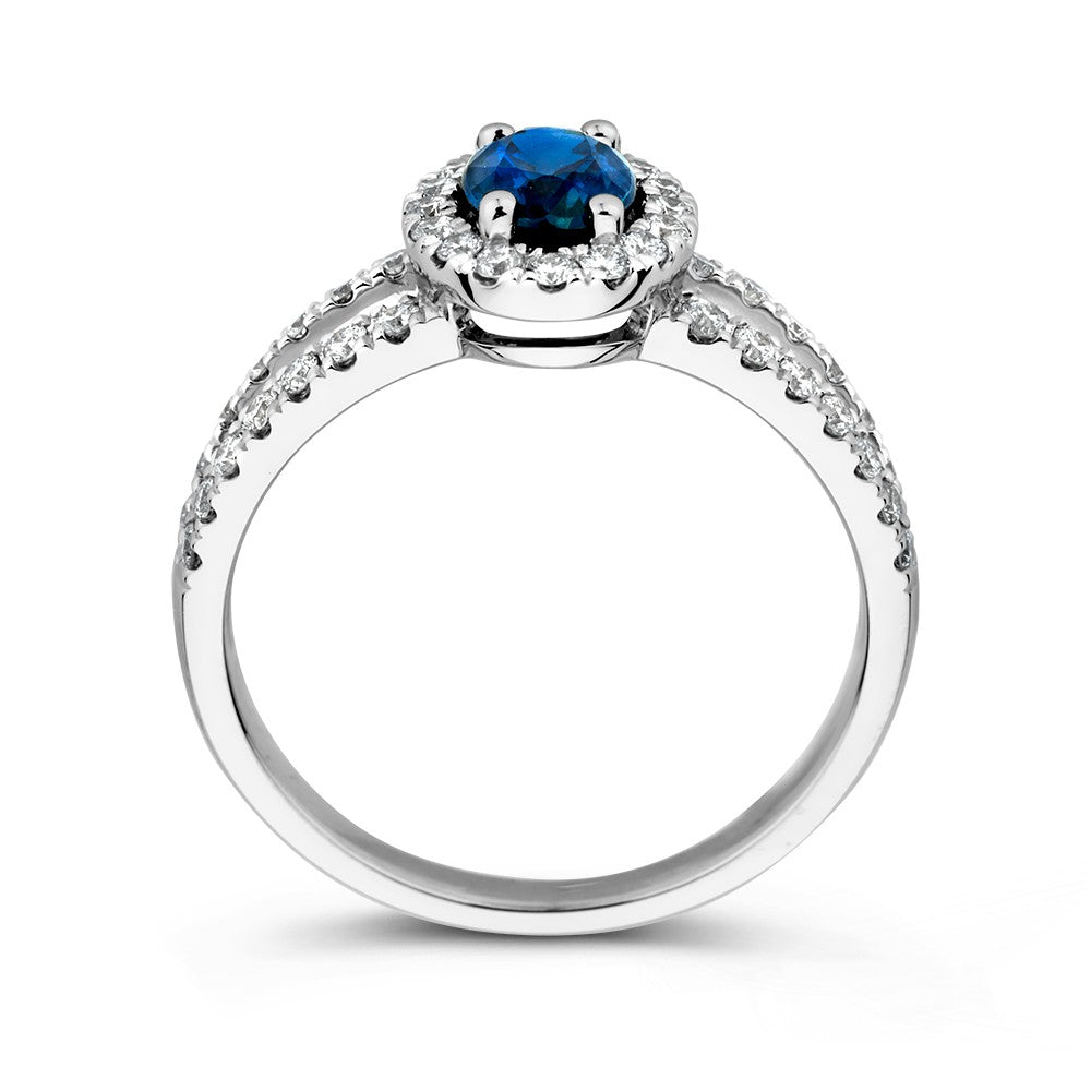 Weißgoldring mit ovalem blauen Saphir, Diamant-Entourage, 14 Karat, 1,02 ct Saphir, 0,50 ct Diamanten