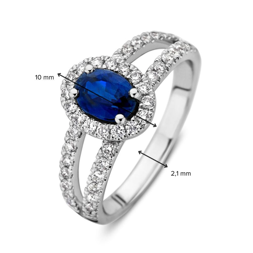 Weißgoldring mit ovalem blauen Saphir, Diamant-Entourage, 14 Karat, 1,02 ct Saphir, 0,50 ct Diamanten