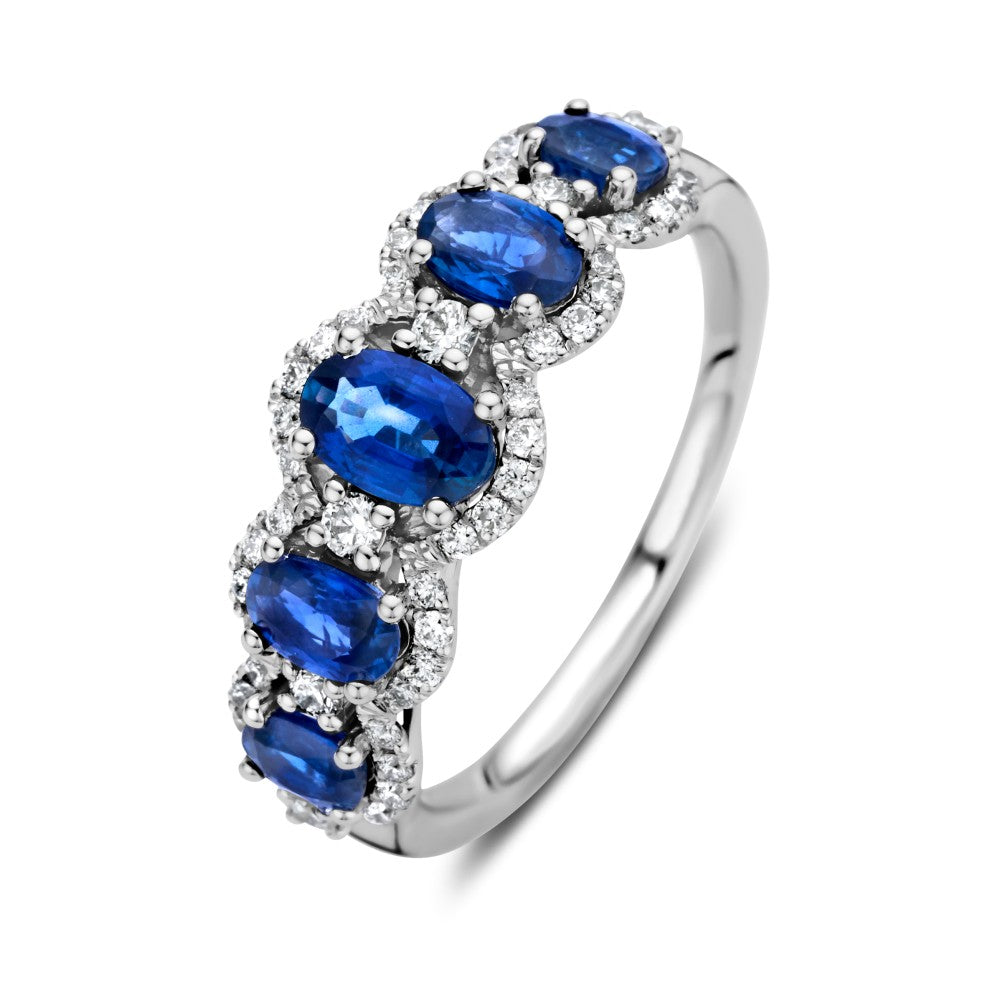 Ring aus 14 Karat Weißgold mit oval geschliffenen blauen Saphiren und 0,32 Karat Diamanten
