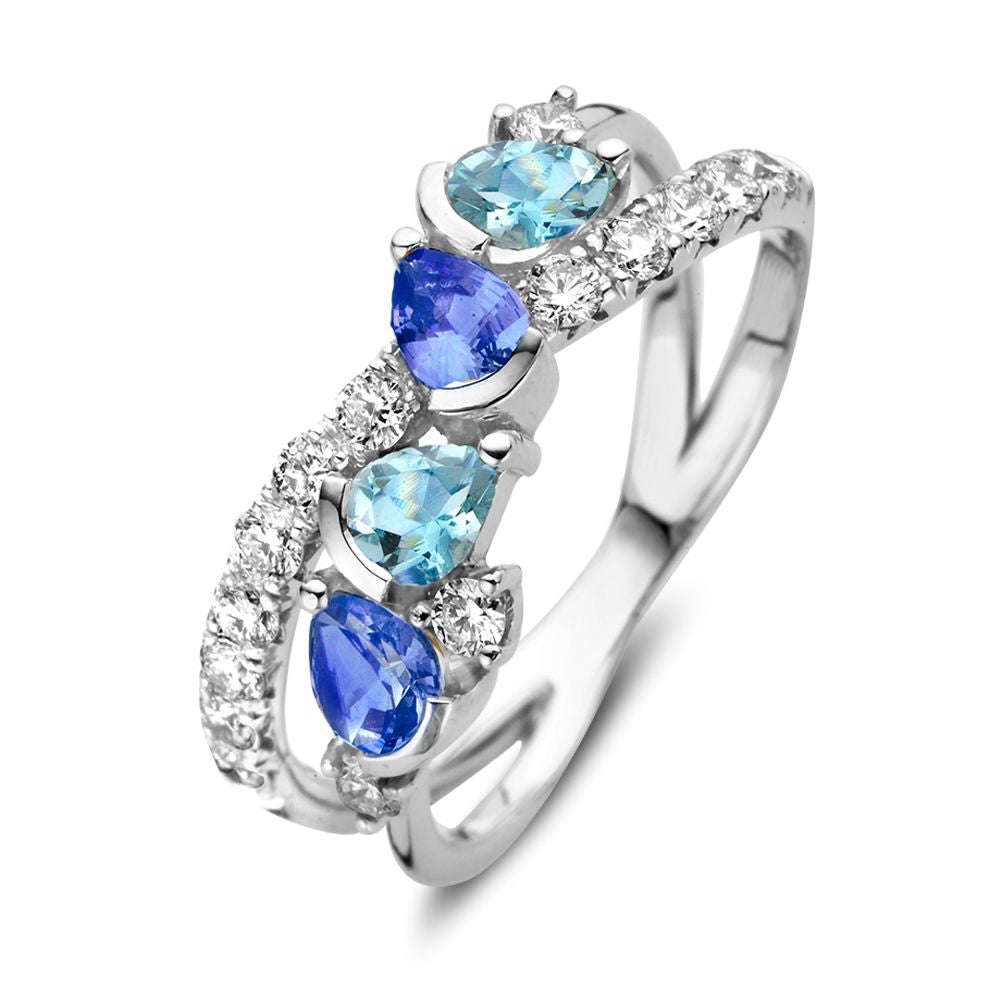 18kt Weißgoldring mit tropfenförmigem blauen Saphir, Aquamarin und 0,50 ct Diamanten