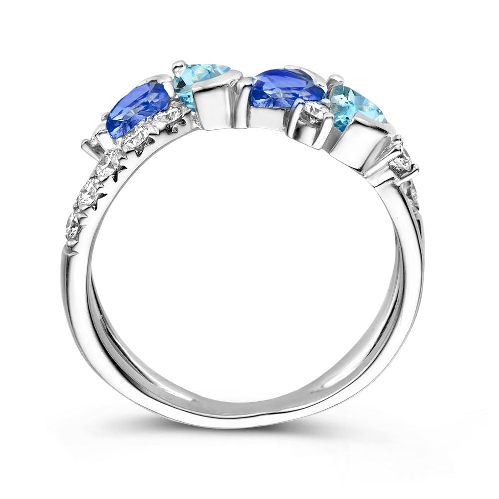 18kt Weißgoldring mit tropfenförmigem Saphir, Aquamarin und 0,50ct Diamanten