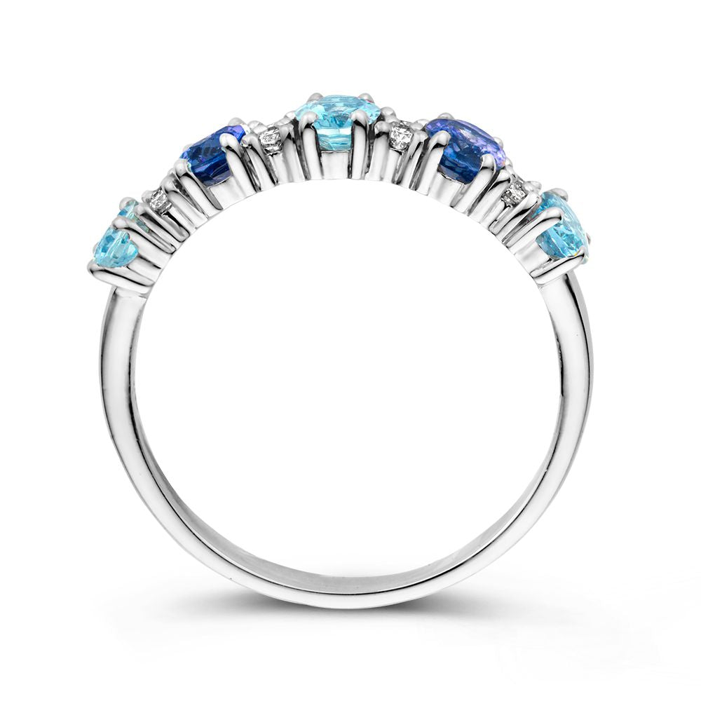 18kt Weißgoldring mit ovalen Saphiren, Aquamarinen und 0.12ct Brillanten