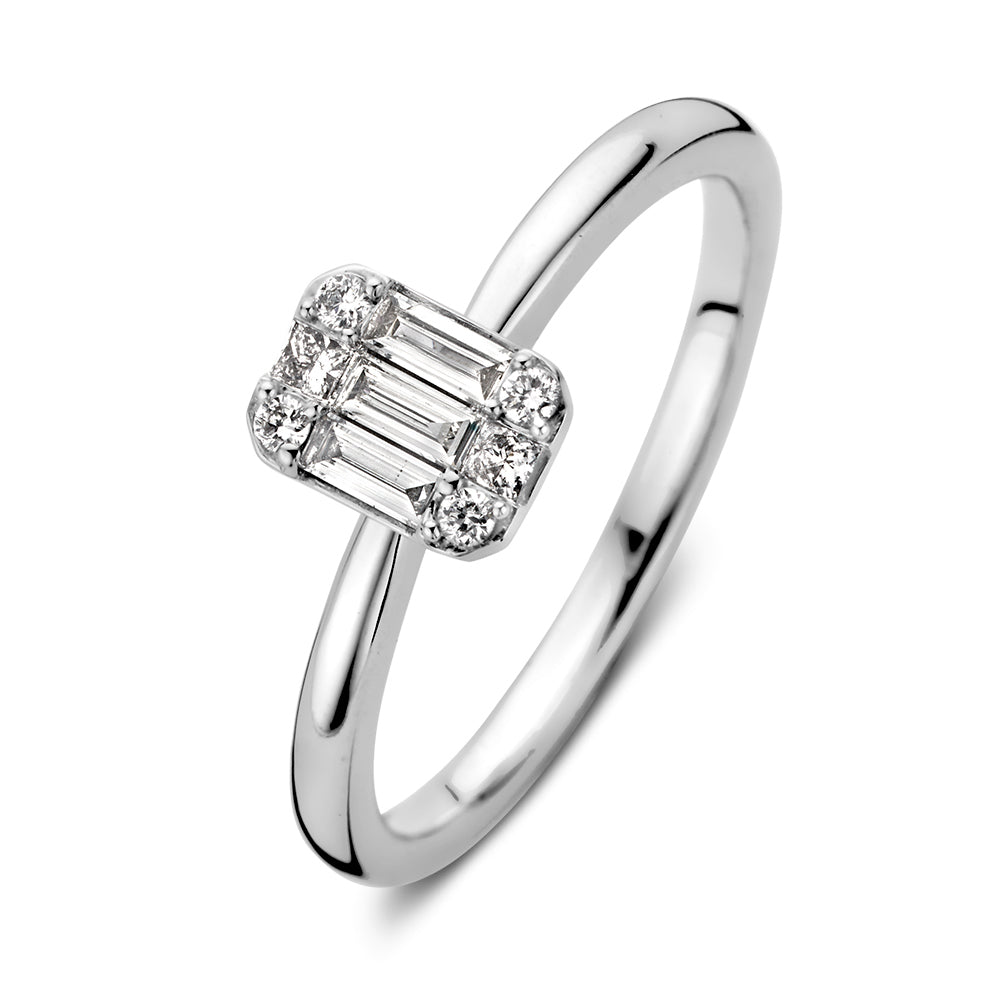 Feine Weißgoldring mit 0,26 Karat Brillantschliff-Diamanten und rechteckigem Zierstein
