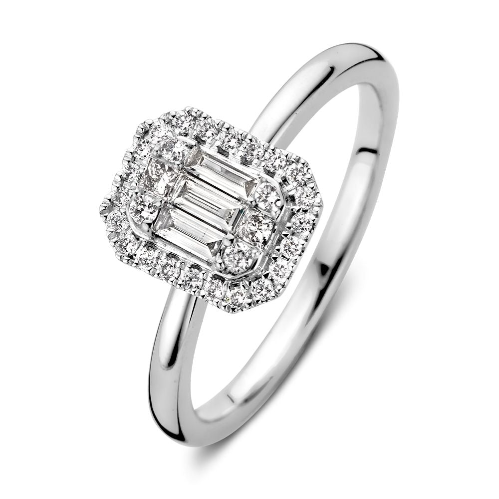 Ring aus Weißgold mit Baguette-Diamanten und rundem Diamantbesatz