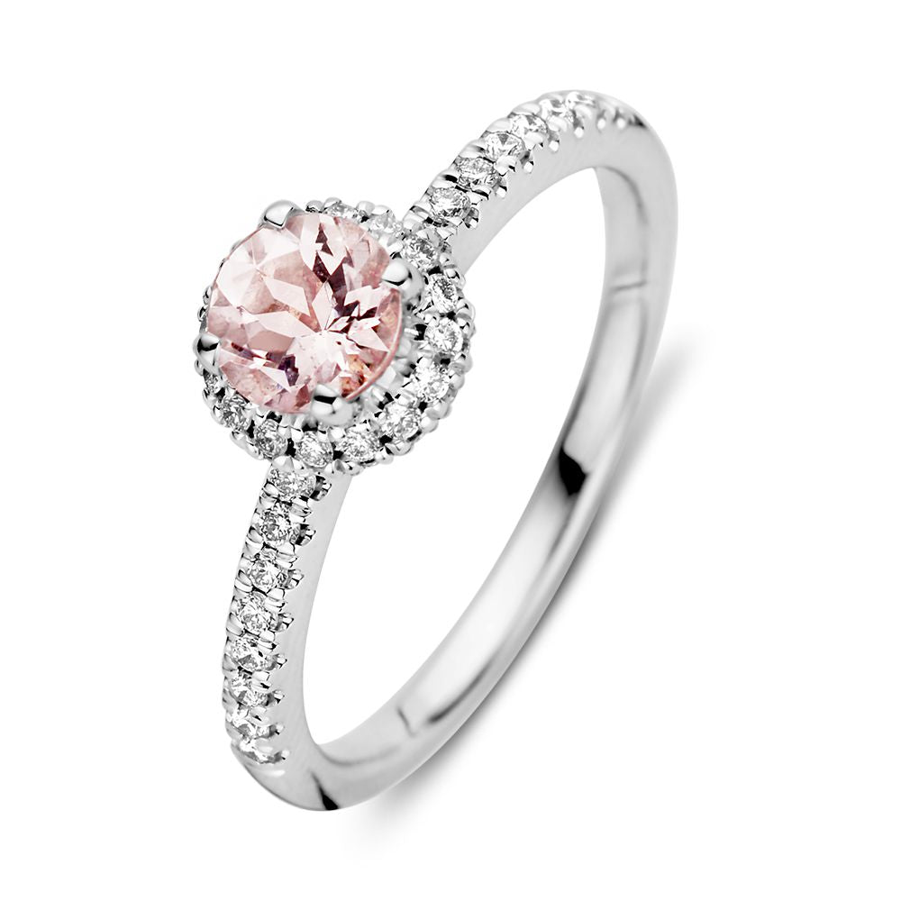 Ring aus Weißgold mit rosa Morganit und Brillanten, 0,32 Karat, mit funkelndem Detail.