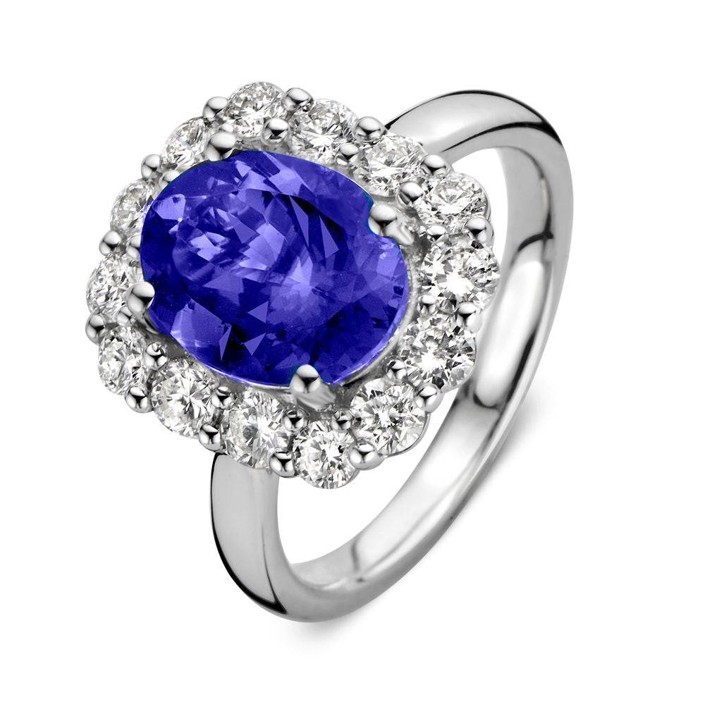 Ring aus Weißgold mit ovalem, blauem Tansanit und Diamant-Halo, insgesamt 2,80 Karat