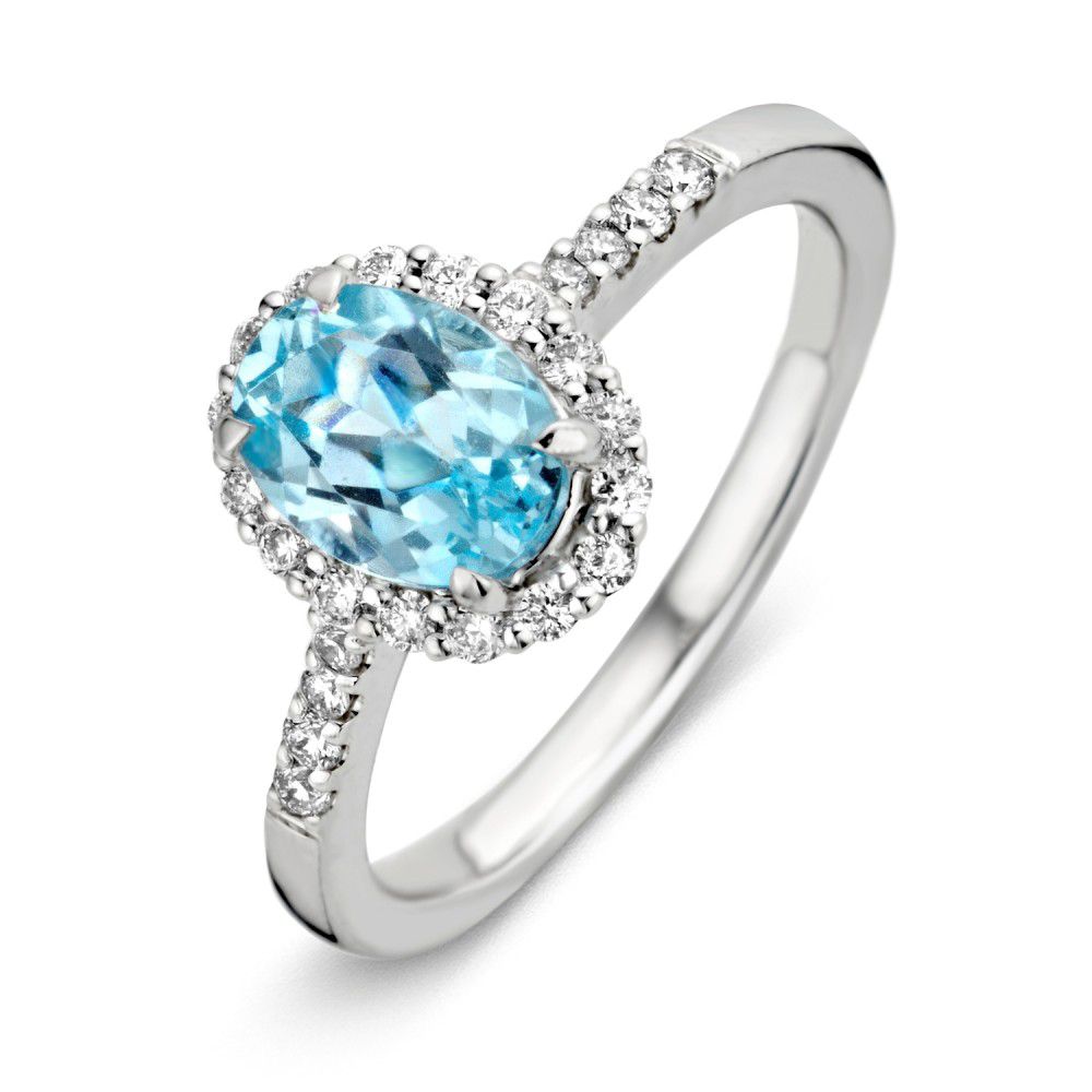 Weißgoldring mit 1,70 Karat blauem Topas und Brillanten, ovaler Stein, schlichte Fassung