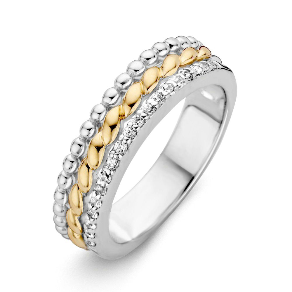 Damenring aus rhodiniertem Silber mit 14 Karat Gold und Zirkonia, 6,1 mm breit